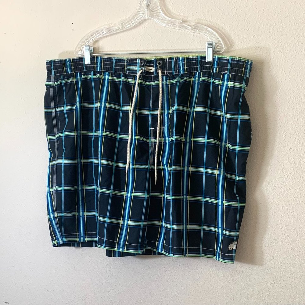 CARIBBEAN JOE MENS POLY SWIMTRUNKS SZ XXL/EEG DARK-BLUE W/LT-BLUE/YELLOW PLAID